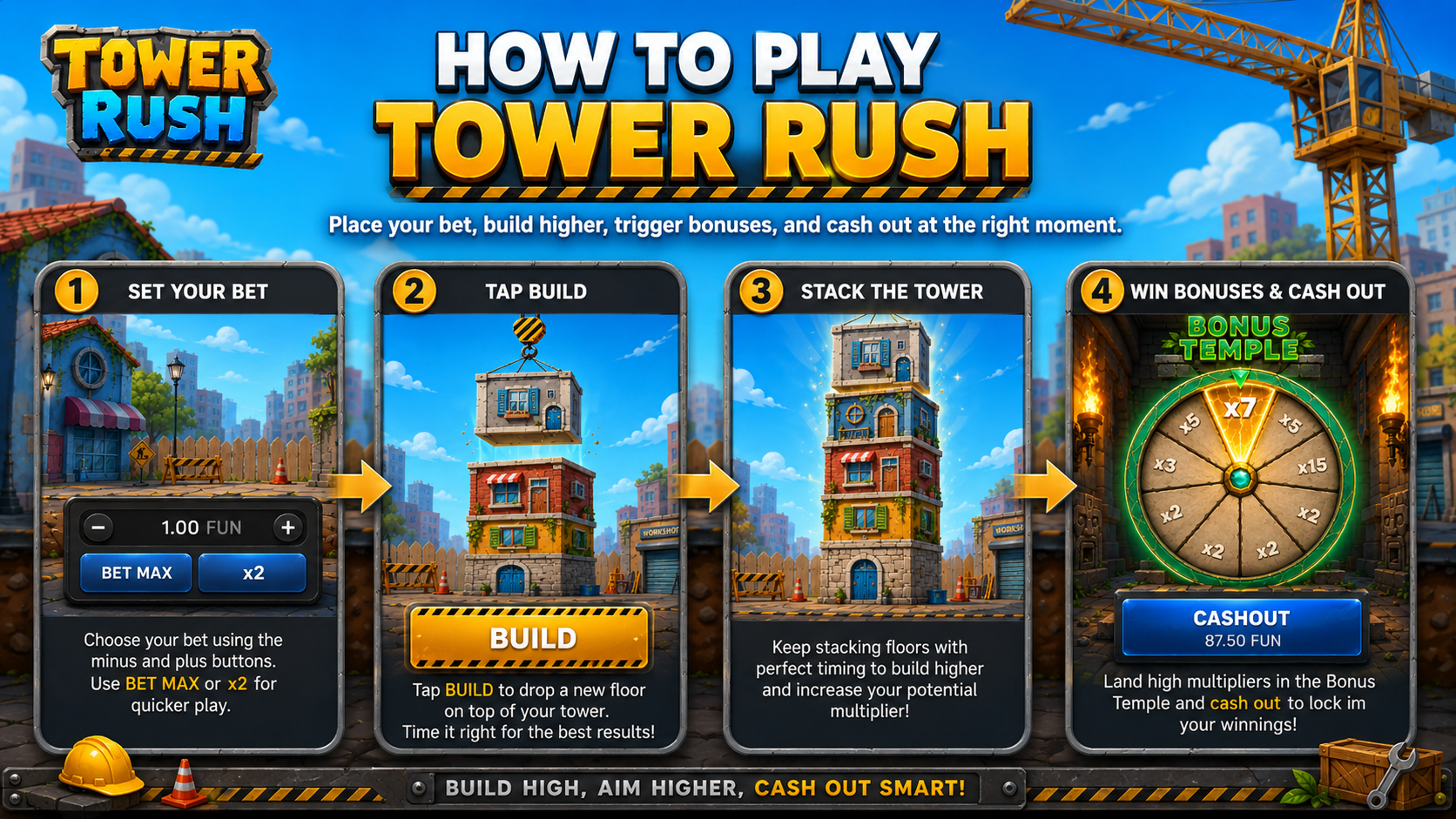 Wie man das Tower Rush Spiel spielt - Setzen Sie eine Wette, drücken Sie Bauen, dann Auszahlung