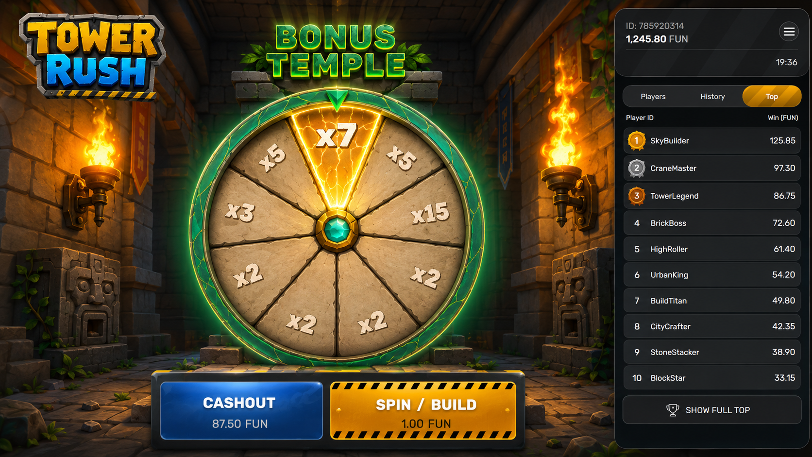 Tower Rush Spiel Bonus-Tempelrad mit Multiplikatoren von x1,5 bis x7